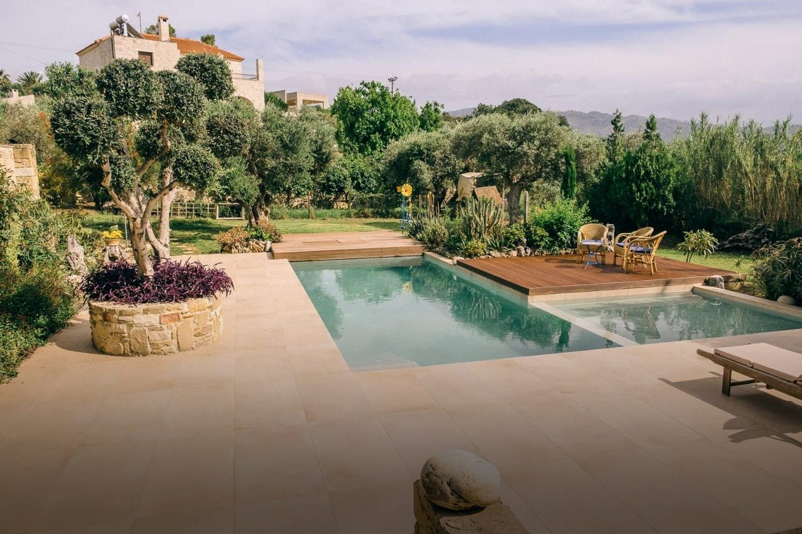 The private pool at Ariti Villa, surrounded by olive trees